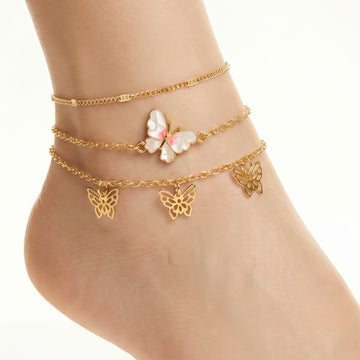 PRAO 3 Anklet Anti-Tarnish Collection With Butterfly Charms And Intricate Chains