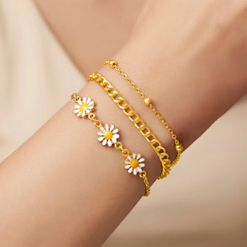 PRAO 3 Bracelet Anti-Tarnish Chain With Daisy Charm Design (Adjustable Size)