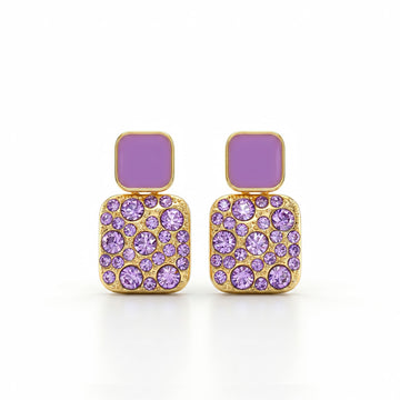 PRAO Earrings Anti-Tarnish Drop With Purple Square Studs And Crystal Rectangular Pendants
