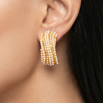 PRAO Earrings Anti-Tarnish Wide Hoops With Tiny Pearl Rows