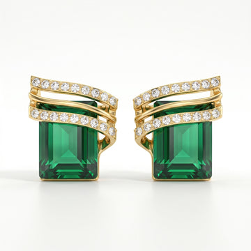 PRAO Earrings Anti-Tarnish Stud With Emerald-Cut Green Stones And Rhinestone Accents