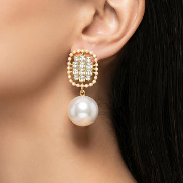 PRAO Earrings Anti-Tarnish Elegant Drop With Crystal Studs And Pearl Pendants