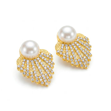 PRAO Earrings Anti-Tarnish Elegant Shell With Rhinestones And Faux Pearl