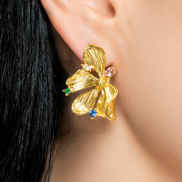 PRAO Earrings Anti-Tarnish Abstract Flower Statement With Colorful Crystals