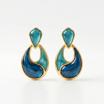 PRAO Earrings Anti-Tarnish Drop With Teal And Navy Marbled Enamel