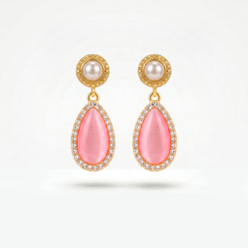 PRAO Earrings Anti-Tarnish Elegant Drop With Pink Cat-Eye Stones And Faux Pearl Accents