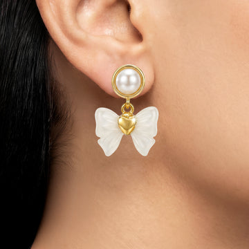 PRAO Earrings Anti-Tarnish Bow And Heart Dangles With Pearl Accents