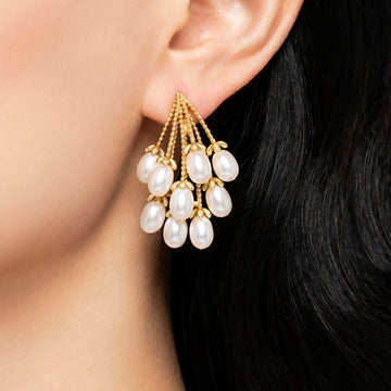 PRAO Earrings Anti-Tarnish Cluster Drop With Cascading Faux Pearls