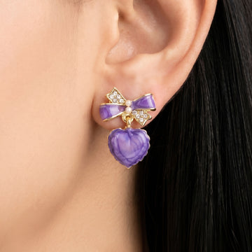 PRAO Earrings Anti-Tarnish Bow And Purple Enamel Heart Dangles With Crystal Accents