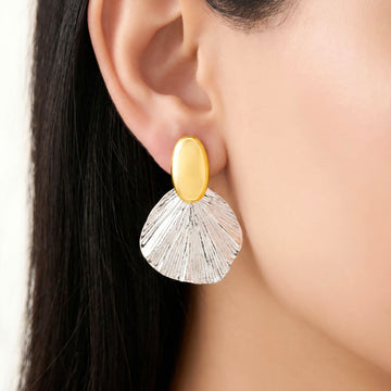 PRAO Earrings Anti-Tarnish Dual-Tone Shell Motif Drop With Textured Petal