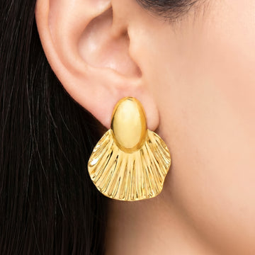 PRAO Earrings Anti-Tarnish Textured Fan-Shaped Statement
