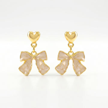 PRAO Earrings Anti-Tarnish Drop With Heart Stud And Cream Enamel Bow