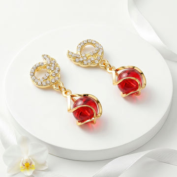 PRAO Earrings Anti-Tarnish Dangles With Crystal Wings And Red Sphere Drops