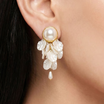 PRAO Earrings Anti-Tarnish White Statement With Pearl Studs And Floral Petal Drops