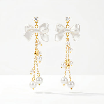 PRAO Earrings Anti-Tarnish Drop With Pearlescent Bows And Pearl Chain Accents