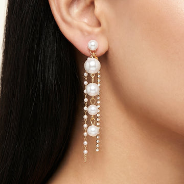 PRAO Earrings Anti-Tarnish Elegant Drop With Pearl Strands And Rhinestone Accents