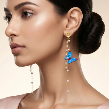 PRAO Earrings Anti-Tarnish Long Dangles With Blue Butterfly Charms And Pearl Beads