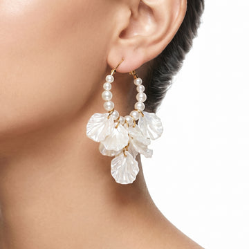 PRAO Earrings Anti-Tarnish Hoops With Faux Pearls And Iridescent Flower Petals