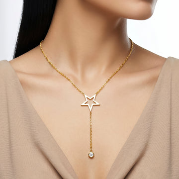 PRAO Necklace Anti-Tarnish Lariat With Star Pendant And Crystal Bead
