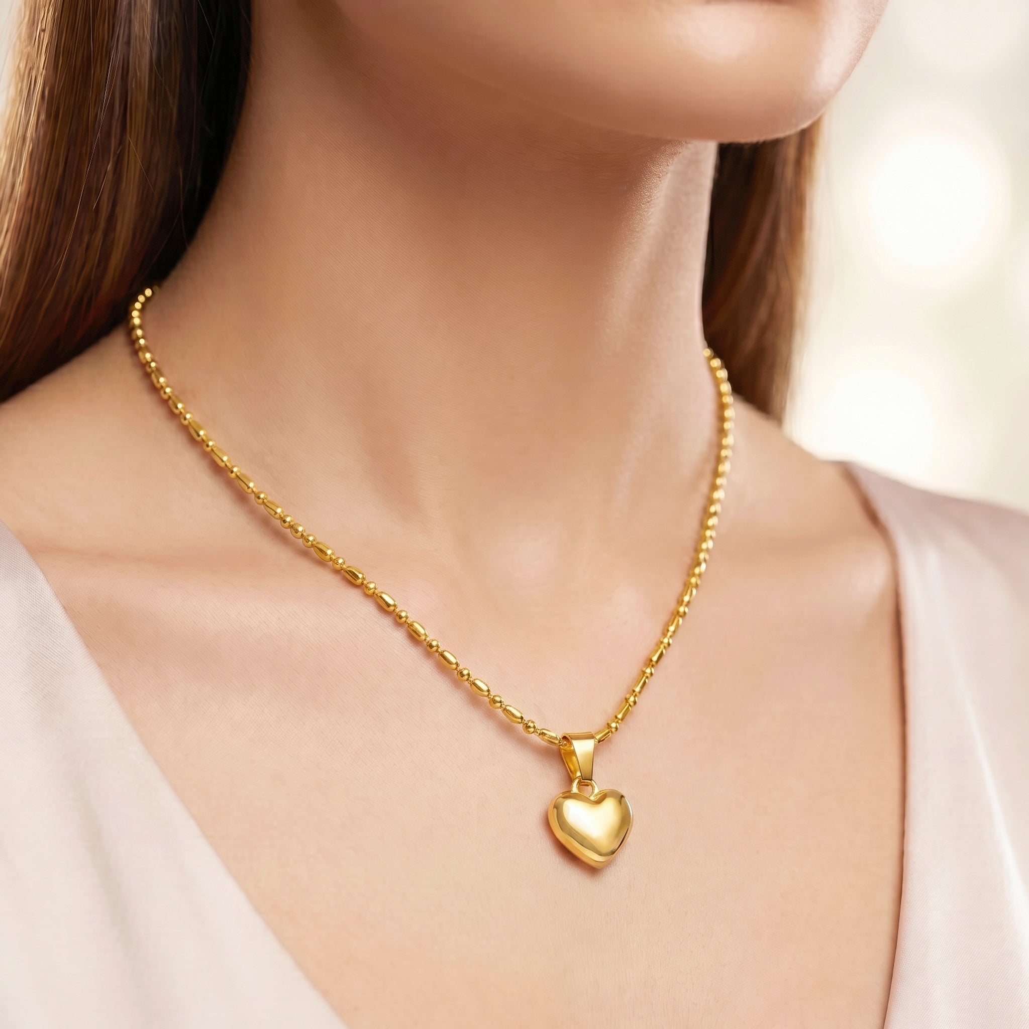 PRAO Necklace Anti-Tarnish Heart Pendant With Bead-And-Bar Chain