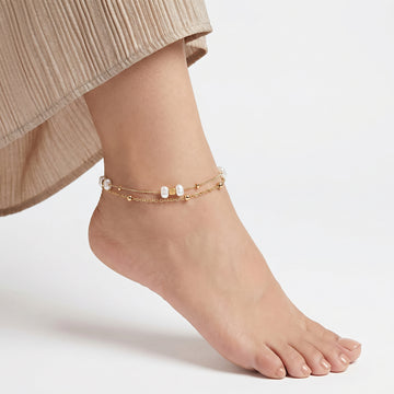 PRAO Anklet Anti-Tarnish Double-Strand With Baroque Pearls And Metallic Beads