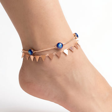 PRAO Anklet Anti-Tarnish Triangular Charms And Dark Blue Evil Eye Beads