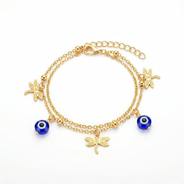 PRAO Anklet Anti-Tarnish Double-Strand With Dragonfly Charms And Blue Evil Eye Beads