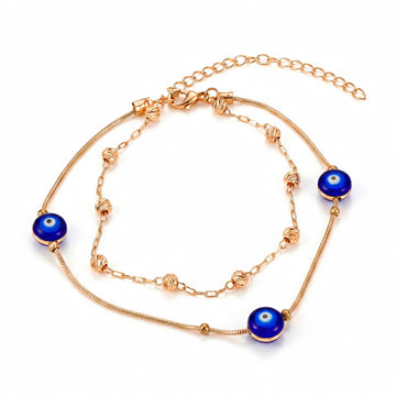 PRAO Anklet Anti-Tarnish Multi-Strand With Blue Evil Eye Beads And Metallic Accents