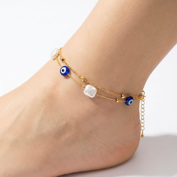 PRAO Anklet Anti-Tarnish Multi-Strand With Evil Eye Charms, Gold Beads And Iridescent Faux Pearls