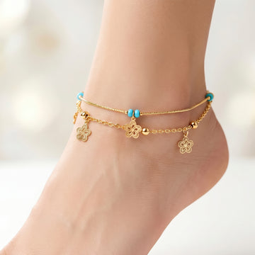 PRAO Anklet Anti-Tarnish Elegant Double-Layered With Turquoise Beads And Floral Charms