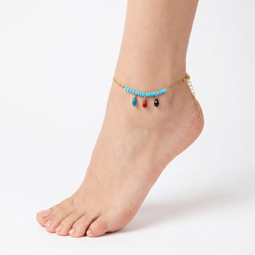 PRAO Anklet Anti-Tarnish Turquoise-Colored Beads And Multi-Colored Teardrop Charms