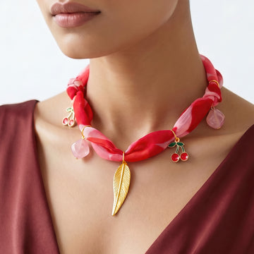 PRAO Necklace Cum Bracelet Anti-Tarnish Red Pink Fabric Printed Cherry Charms Leaf Motifs