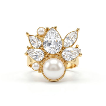 PRAO Ring Anti-Tarnish Vintage Cluster With Pearls And Crystals (Adjustable Size)