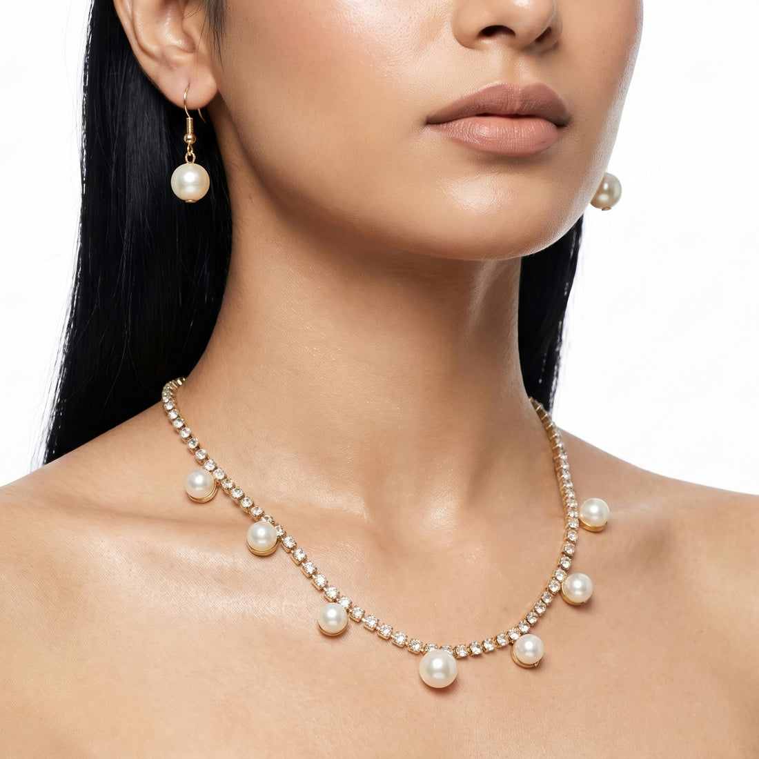 PRAO Necklace Anti-Tarnish Rhinestone And Faux Pearl Set With Earrings