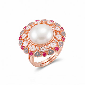 PRAO Ring Anti-Tarnish Statement With Pearl And Enamel Hearts (Adjustable Size)