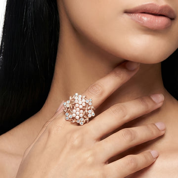 PRAO Ring Anti-Tarnish Rose Floral With Pearls And Iridescent Crystals (Adjustable Size)