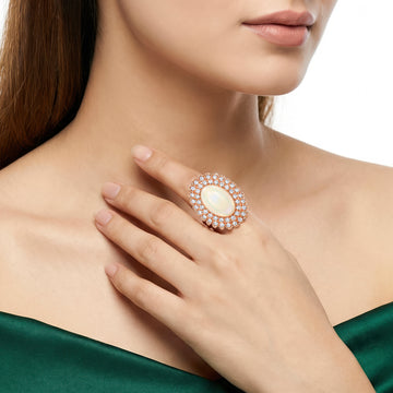 PRAO Ring Anti-Tarnish Statement Cocktail With Opal-Like Center Stone And Rhinestones (Adjustable Size)