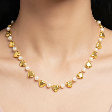 PRAO Necklace Anti-Tarnish Heart Charms And Pearls