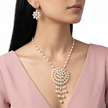 PRAO Necklace Anti-Tarnish Pearl Medallion And Matching Drop Set With Earrings