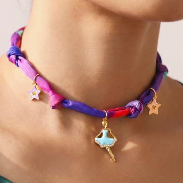 PRAO Necklace Cum Bracelet Anti-Tarnish Purple Blue Pink Printed Fabric Enameled Dancing Girl Star Charms