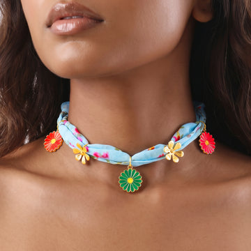 PRAO Necklace Anti-Tarnish Light Blue Printed Fabric Choker Adorned With Multi-Colored Daisy Charms