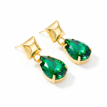 PRAO Earrings Anti-Tarnish Emerald Teardrop Dangle Earrings With Square Studs