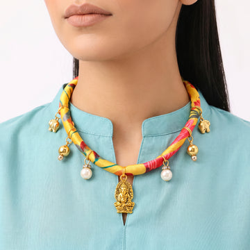 PRAO Necklace Anti-Tarnish Yellow Printed Fabric With Ganesha Pendant And Charms