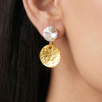 PRAO Earrings Anti-Tarnish Hammered Coin Dangles With White Crystal