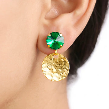 PRAO Earrings Anti-Tarnish Hammered Coin Dangles With Emerald Crystal