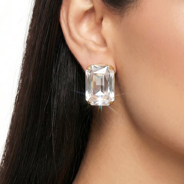 PRAO Earrings Anti-Tarnish White Emerald-Cut Crystal Studs