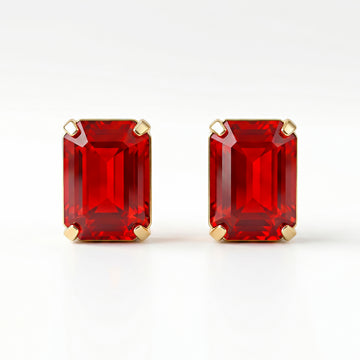 PRAO Earrings Anti-Tarnish Ruby Red Emerald-Cut Crystal Studs