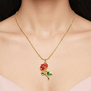 PRAO Necklace Anti-Tarnish Red Rose Pendant On Snake Chain