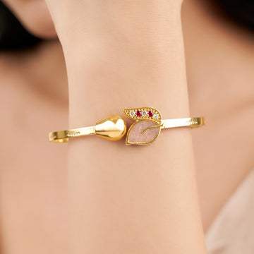 PRAO Bracelet Anti-Tarnish Leaf Motif Bangle With Pink Enamel And Gemstone Accents (Adjustable Size)