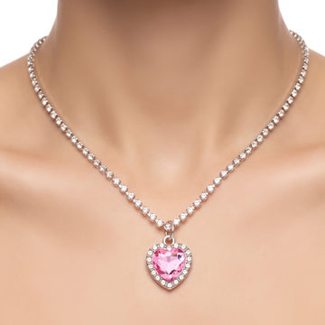 PRAO Necklace Anti-Tarnish Delicate Tennis Chain With Pink Heart Crystal Pendant